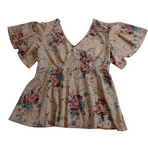 Pink Floral Print V-Neck Blouse Cinched Waist Womens Size L Short Sleeve